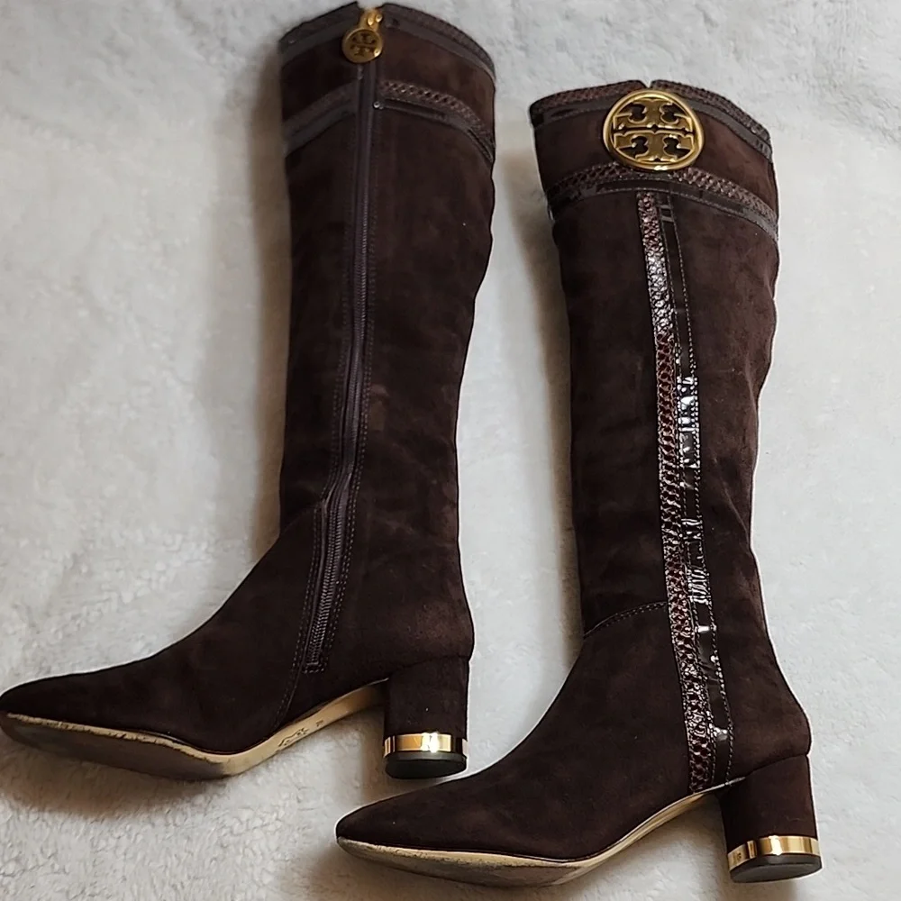 Tory Burch Uma Brown Genuine Suede Knee High Full Zip Trim Riding Boots Sz 7 - Picture 10 of 16